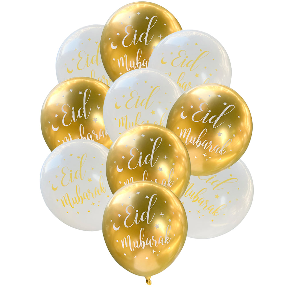 10 ballons Eid Mubarak Or & Blanc