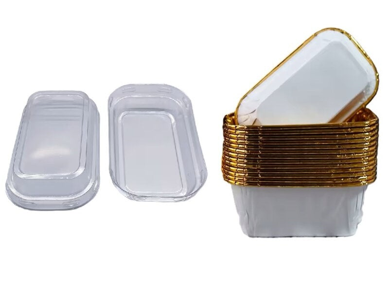 50 Cake cups rectangle avec couvercle - blanc/or