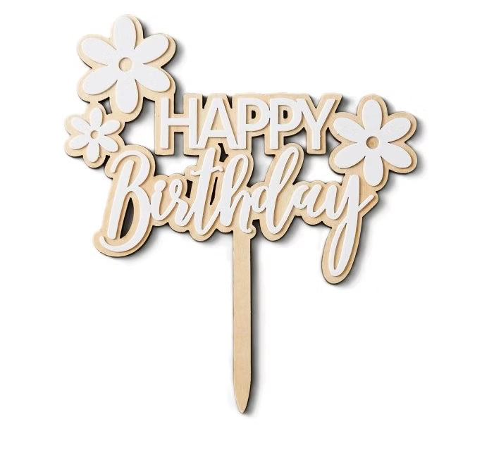 Cake Topper  Happy Birthday Flower  - Bois Acrylique