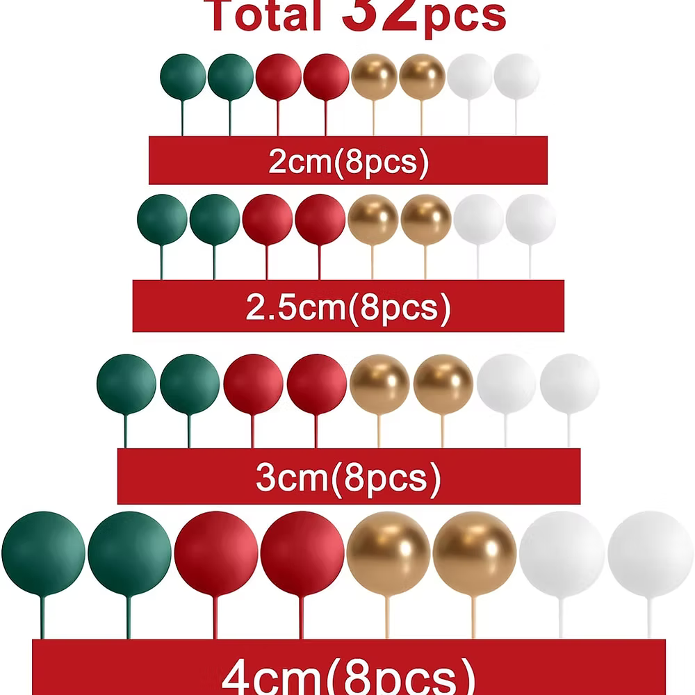 32  boules de decoration pour Gâteau rouge vert or blanc