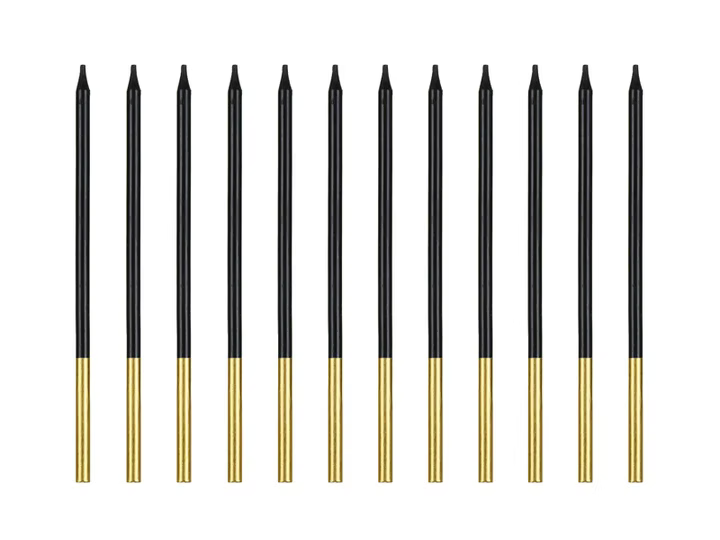 12 bougies d'anniversaire demi-colorées noir gold 14 cm