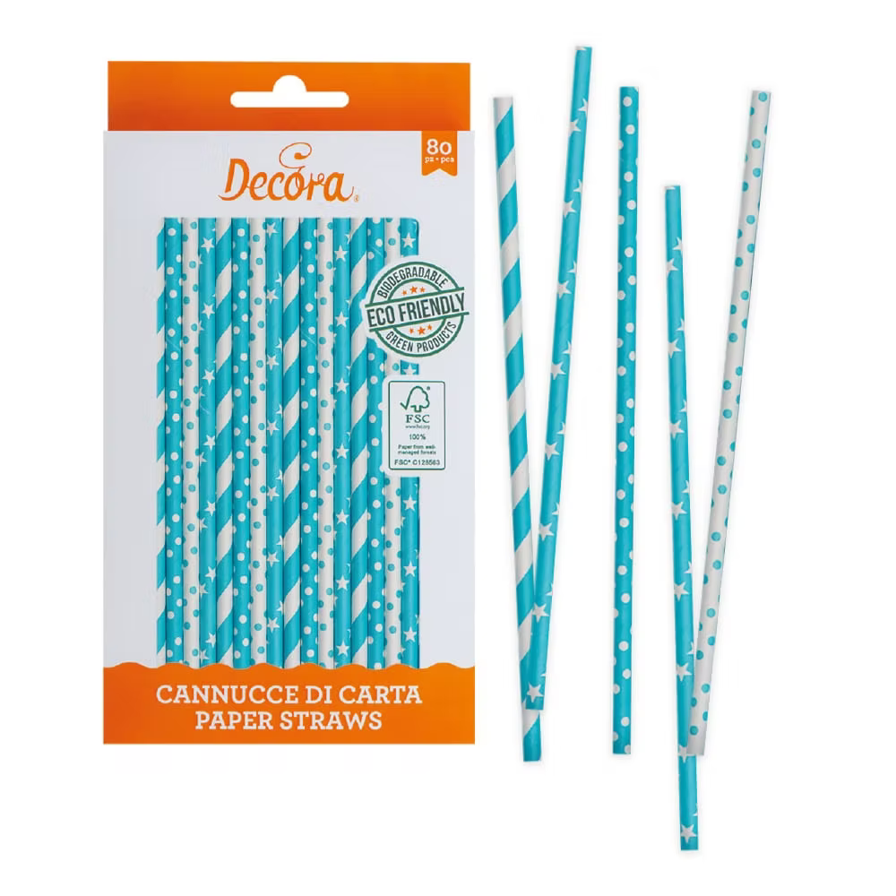 80 batons pailles en papier Etoiles et Pois Bleu ciel - Decora