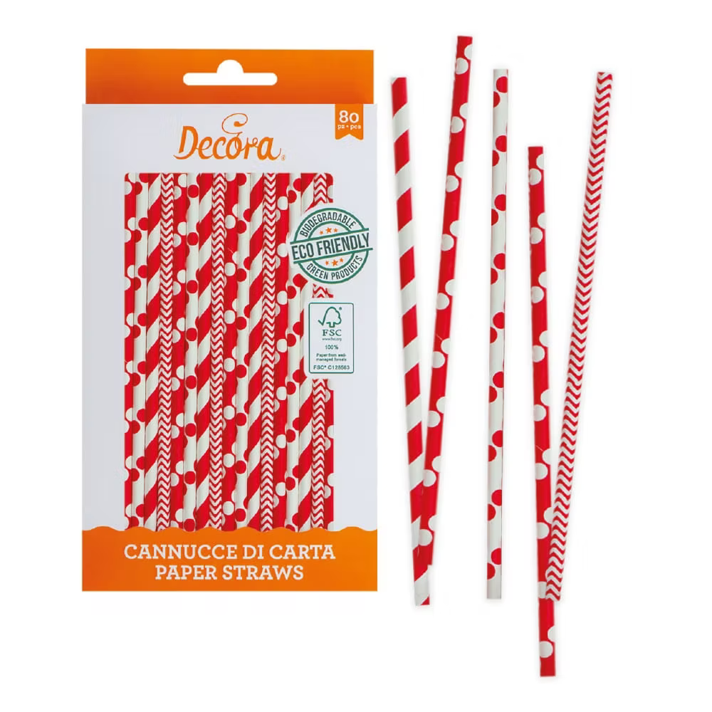 80 batons pailles en papier blanc et rouge - Decora