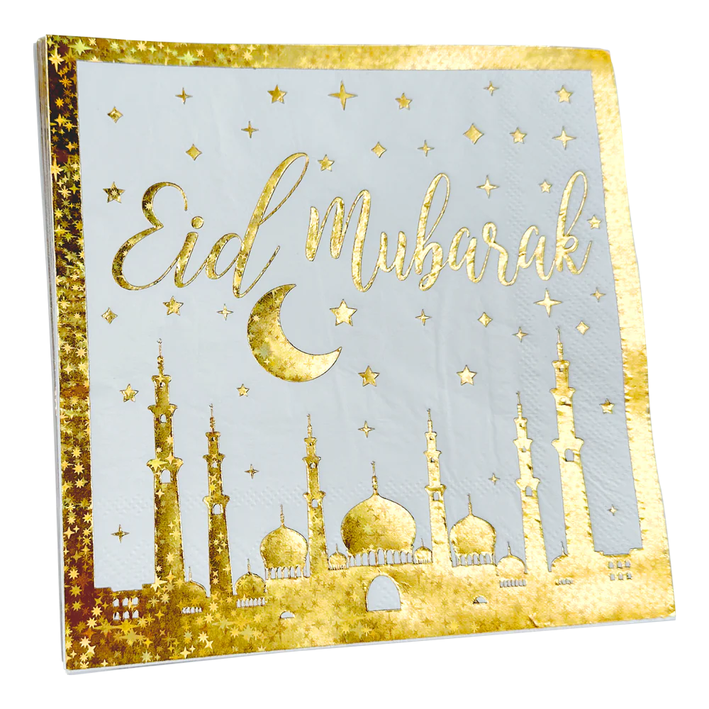 20 serviettes en papier Eid Mubarak Or & blanc