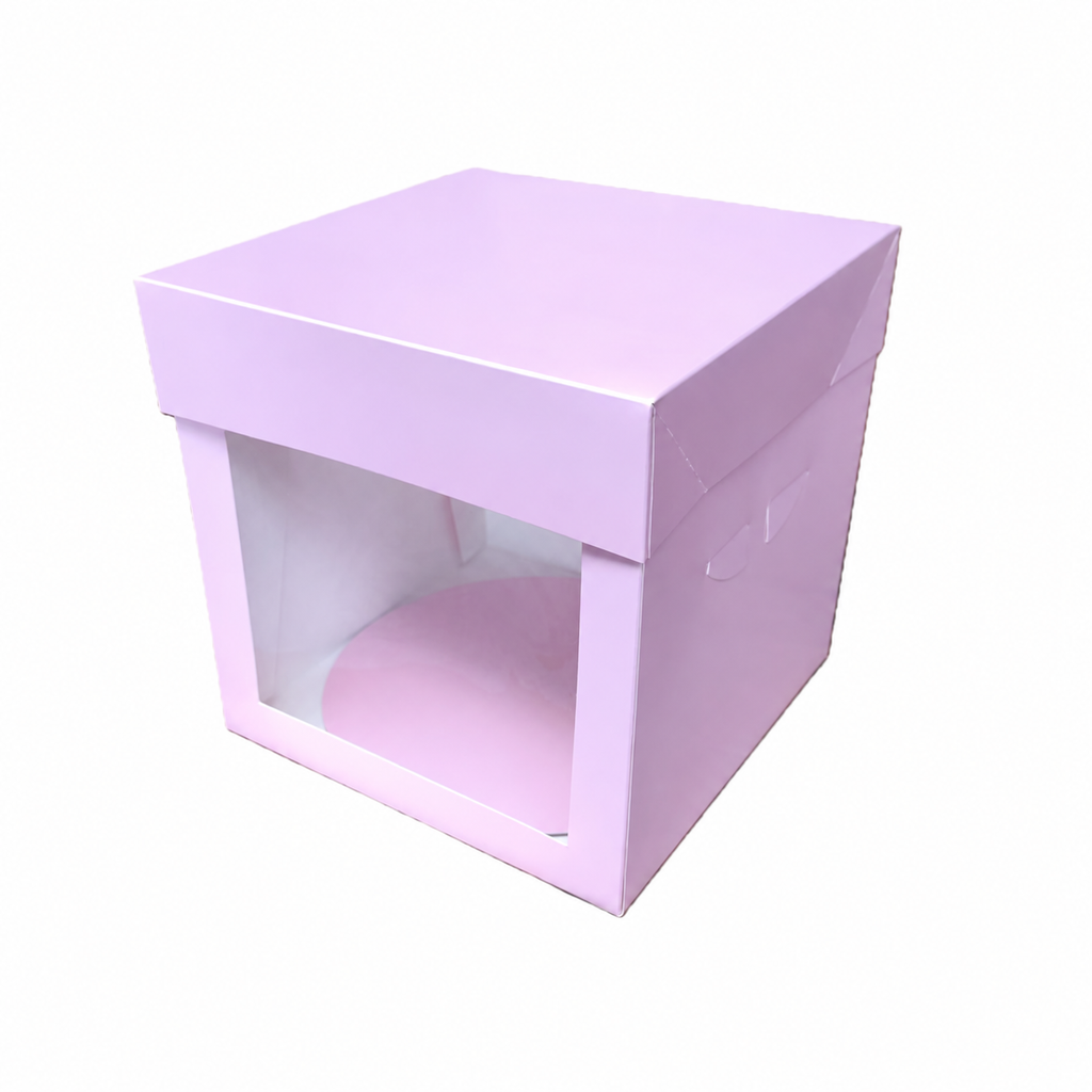 Boite à gateau 25,4 x 25,4  Hauteur 25,4 cm Rose avec fenêtre transparente + Support 3mm Rose
