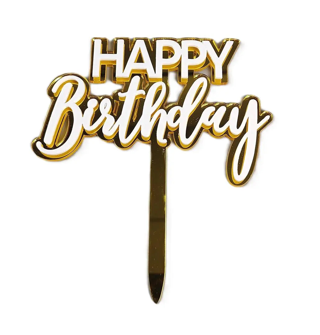 Cake Topper Happy Birthday or métallique/blanc - Acrylique