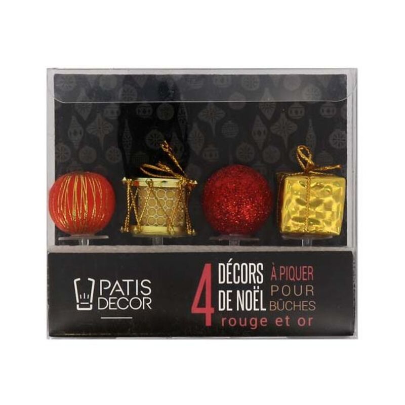 Décors de Noël assortis rouge doré sur pique (x4)