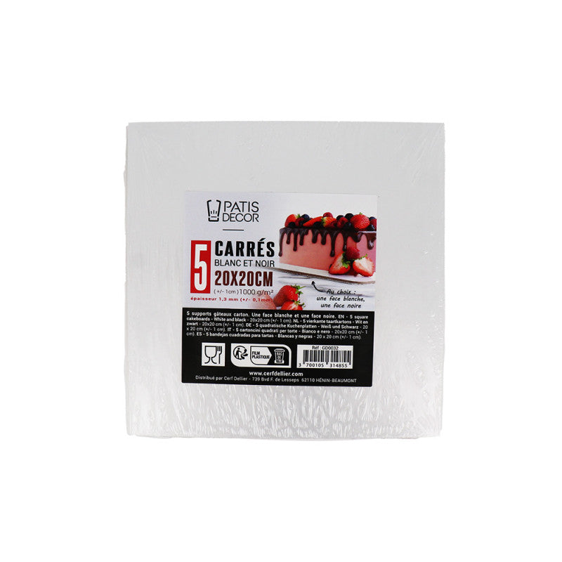 5 Supports cartonnés à gâteaux carrés blanc et noir 20x20cm