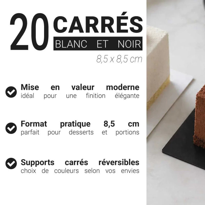 Supports cartonnés à gâteaux carrés blanc et noir (x20)